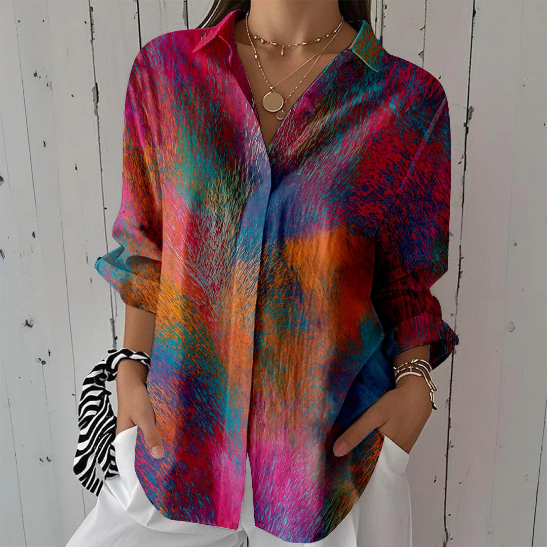 Style & Comfort for Mature Women Women Pink,  Tie-dyed DZCL0044 3/4 Sleeve Shirt Collar Printed Button Tops