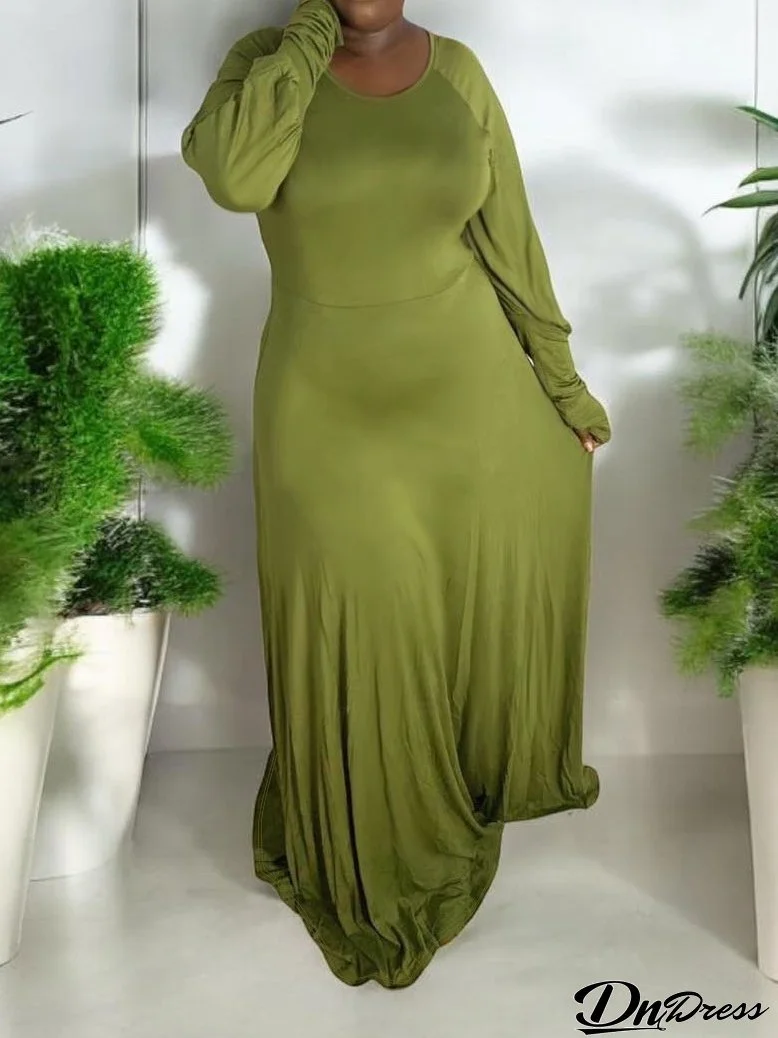 Plus Size Women Long Sleeve Round Neck Frill Dress