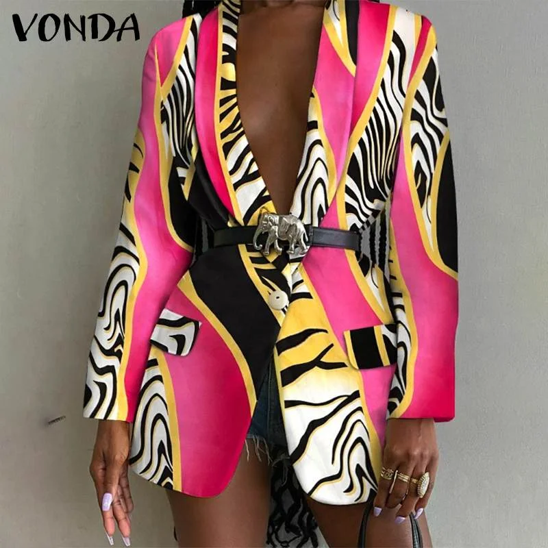 Women Long Sleeve Office Blazer 2022 VONDA Formal Coat Jackets Casual Turn Down Collar Printed Suit Blazer Outerwear Veste Femme