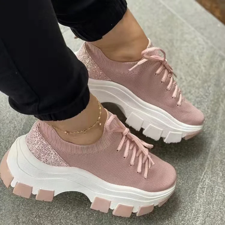 Churchf Women Shoes Vulcanize Shoes Solid Color Sneakers Female Lacing Knit Shoes Sequins Mesh Casual Shoes Large Size 35~43