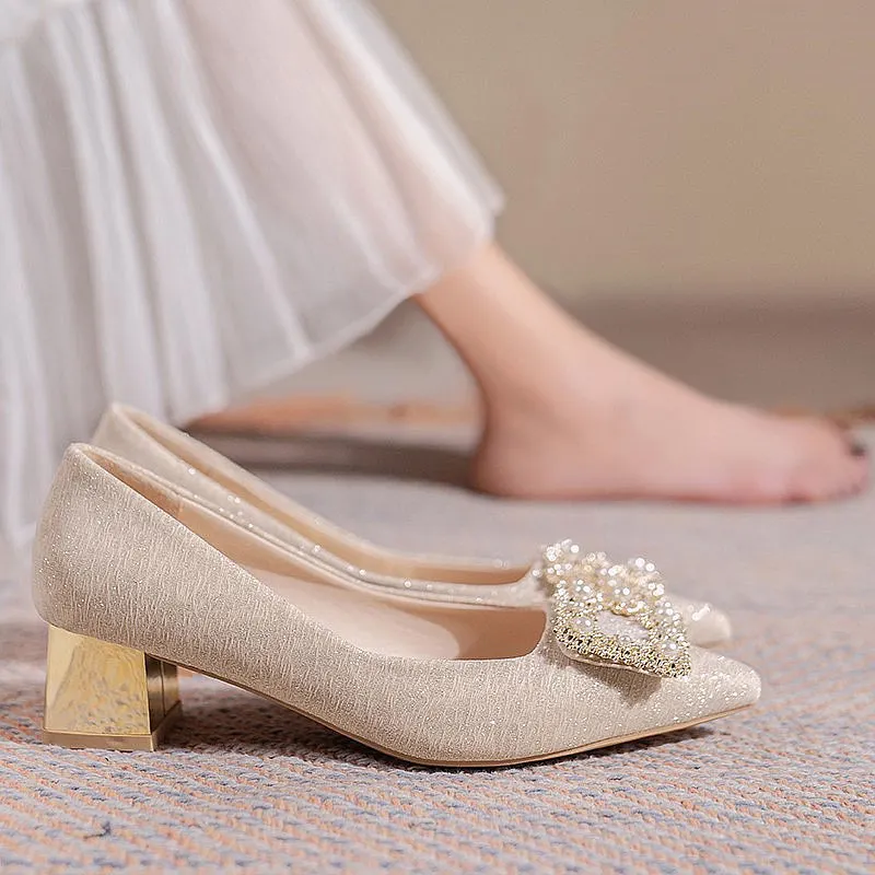 Breakj Breakj Women 2025 New Spring And Autumn Sharp Champagne Wedding Shoes Wedding Shoes Autumn Wedding Coarse Heel High-Heeled Shoes