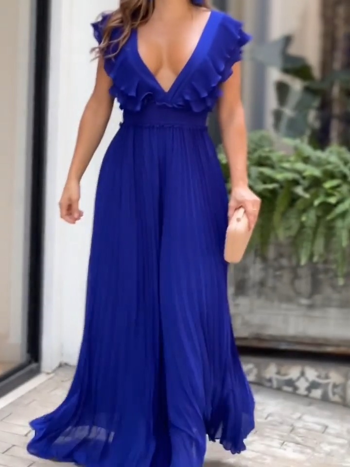 Elegant Ruffled Pleated Jumpsuit with V-neck | Oxredo Shop Ramadan Sale