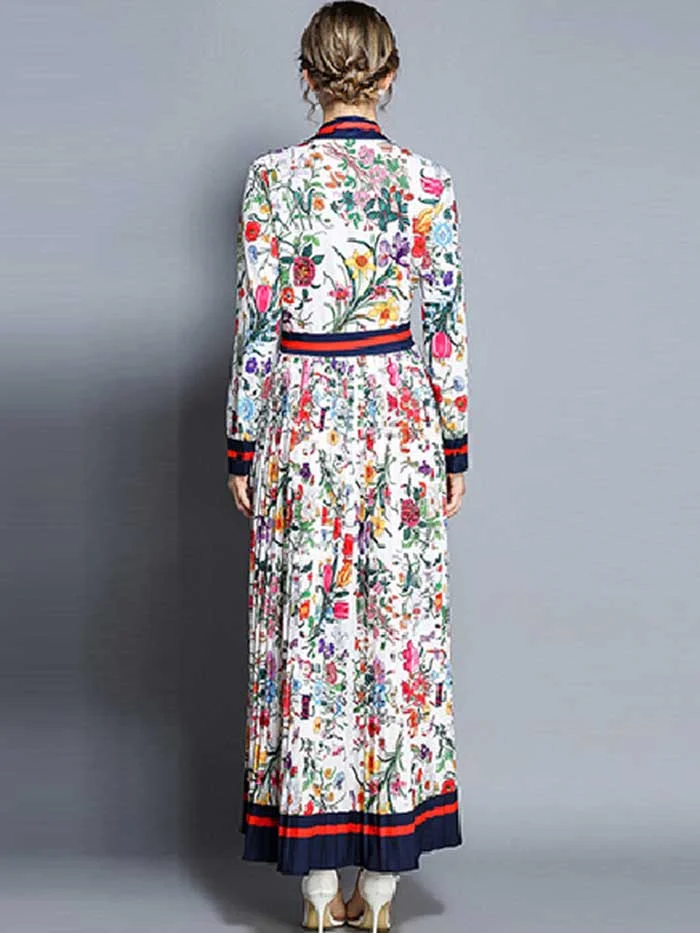 Women's new retro hit color print pleated long dress
