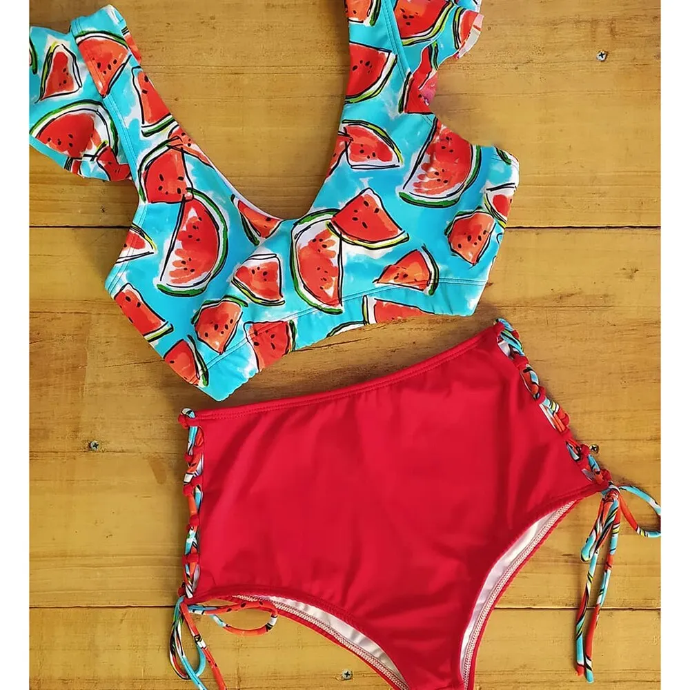 2021 New Sexy High Waist Bikini Set Two Pieces Swimwear Women Print Ruffle Bandage Swimsuit Bathing Suit Beachwear biquini