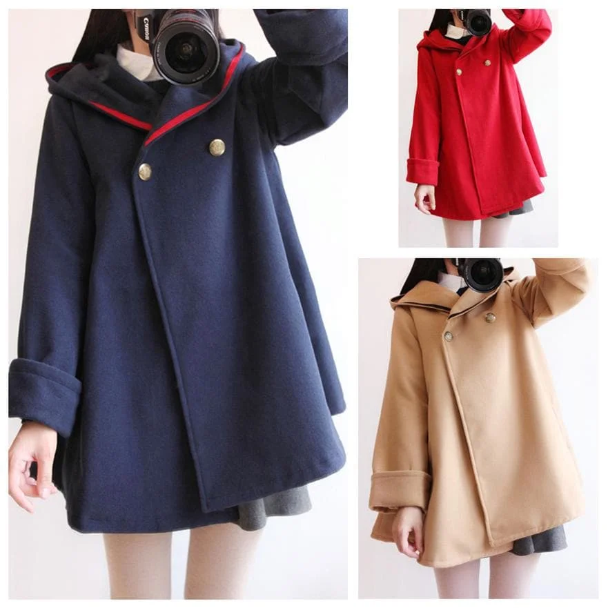 Red/Khaki/Navy Loose Woolen Hoodie Poncho Coat SP1711014