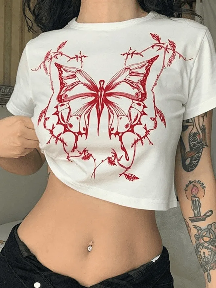 Brownm Butterfly Print White Crop Top