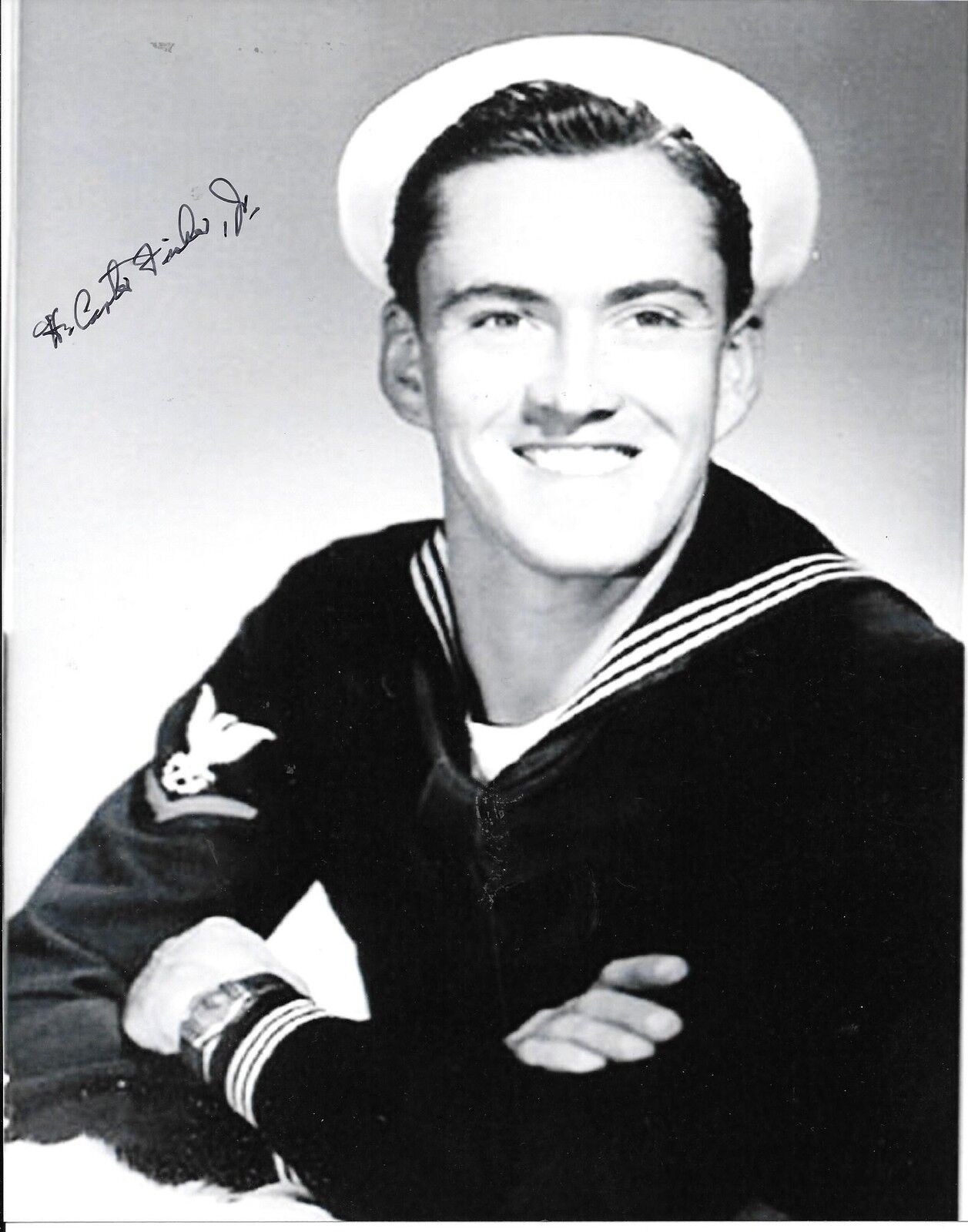 H CARTER FISHER USS ARKANSAS D-DAY & IWO JIMA NAVY VETERAN RARE SIGNED Photo Poster painting