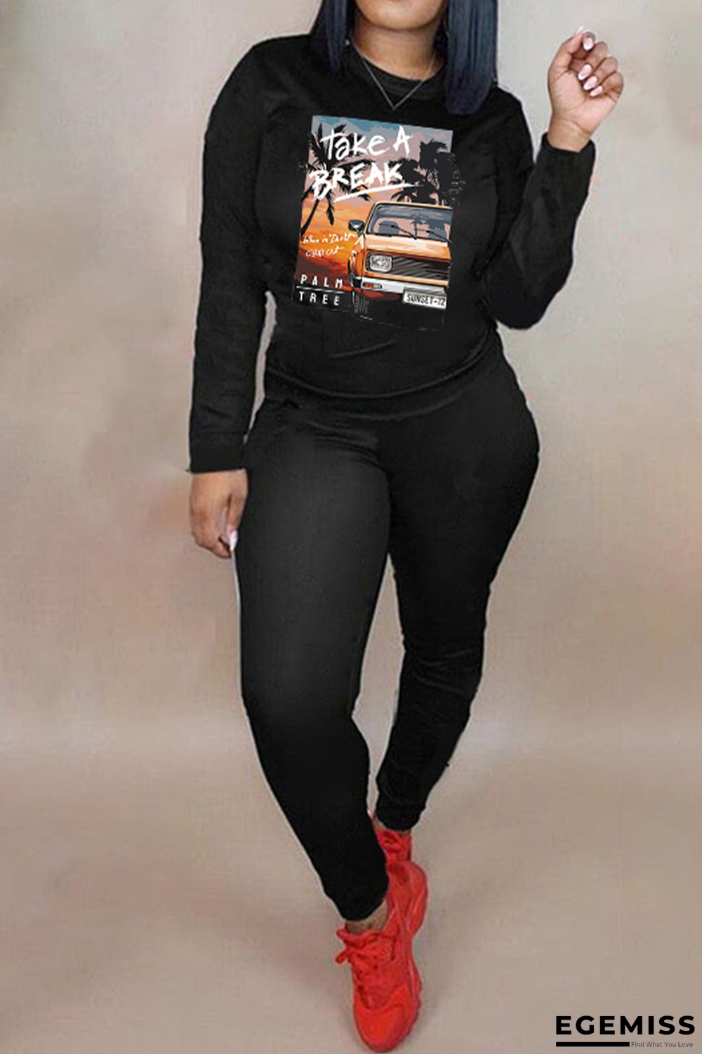 Black Casual Print Patchwork O Neck Long Sleeve Two Pieces | EGEMISS