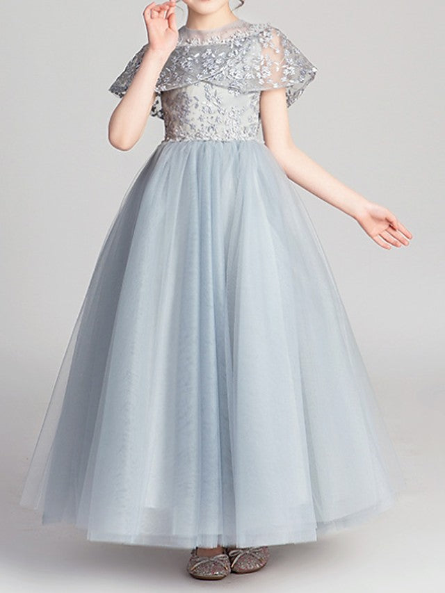 Oknass Ball Gown Short Sleeve Jewel Neck Flower Girl Dresses  Polyester With Appliques