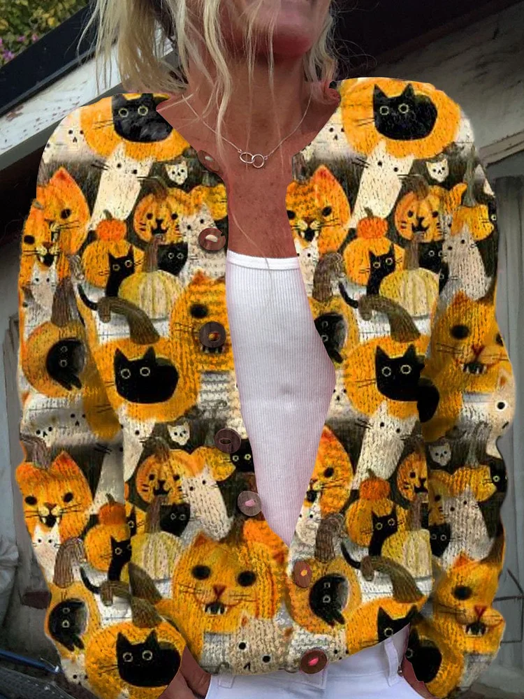 Women's Lovely Cats Pumpkin Halloween Art Print Buttoned Cardigan Sweater