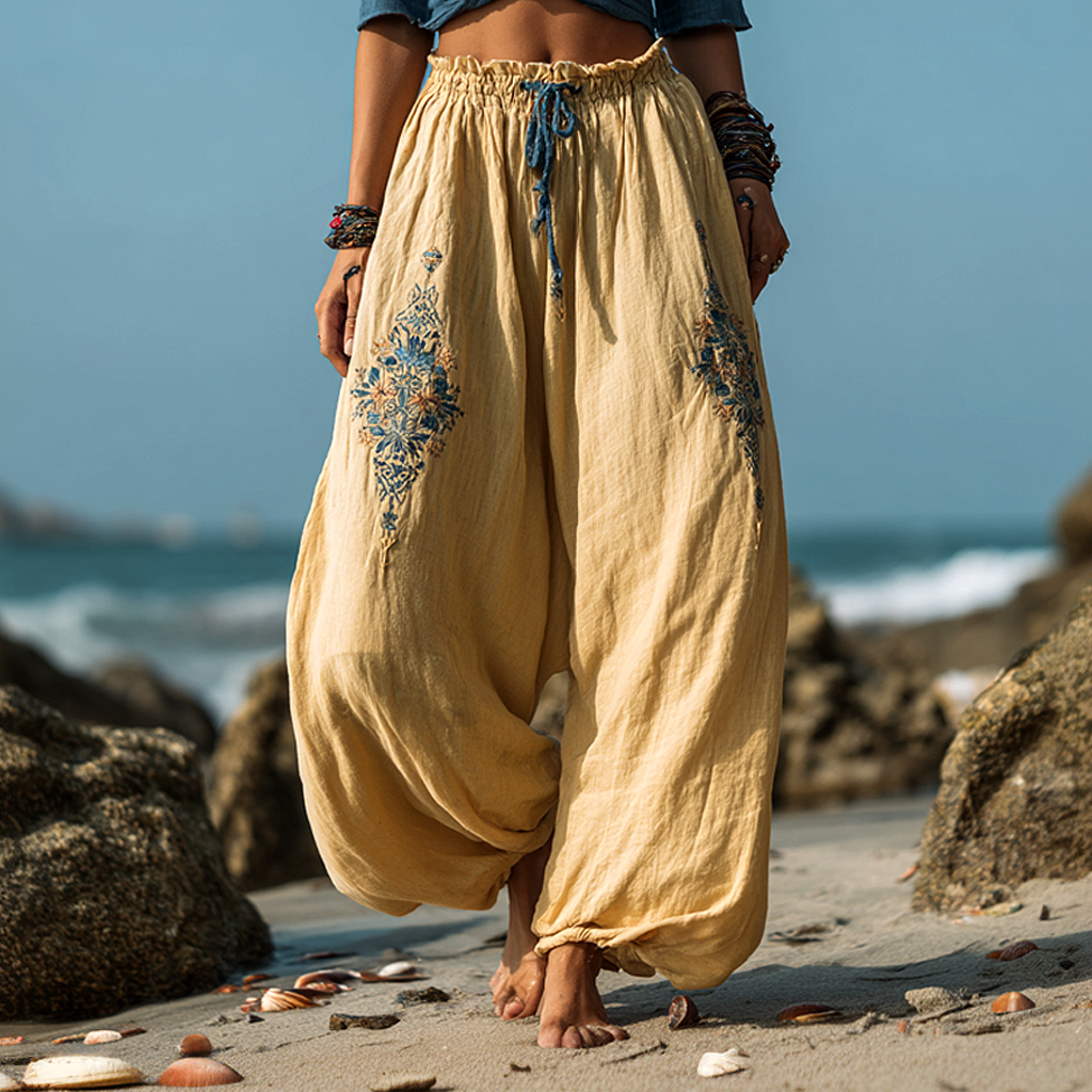 Bohemian Holiday Style Loose Casual Exquisite Embroidered Beach Pants Wide Leg Pants