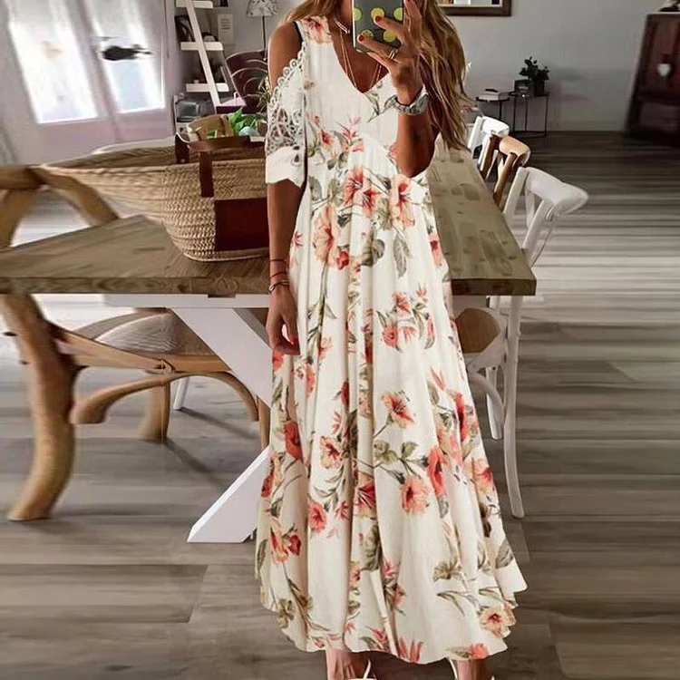 Printed Lace Strapless Sexy Maxi Dress