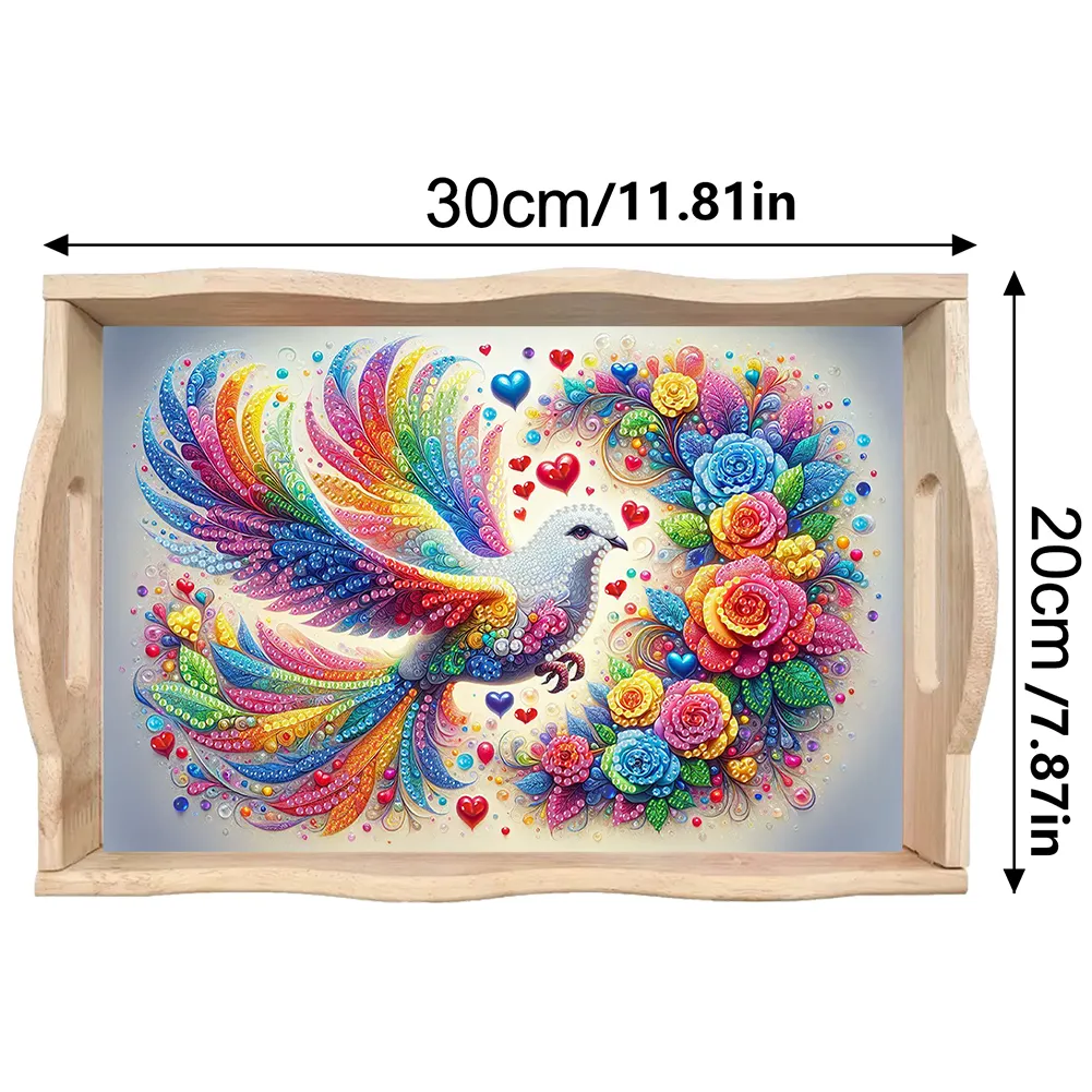 Wooden Colorful White Pigeon 5D DIY Diamond Painting Tray Art Craft with Handle