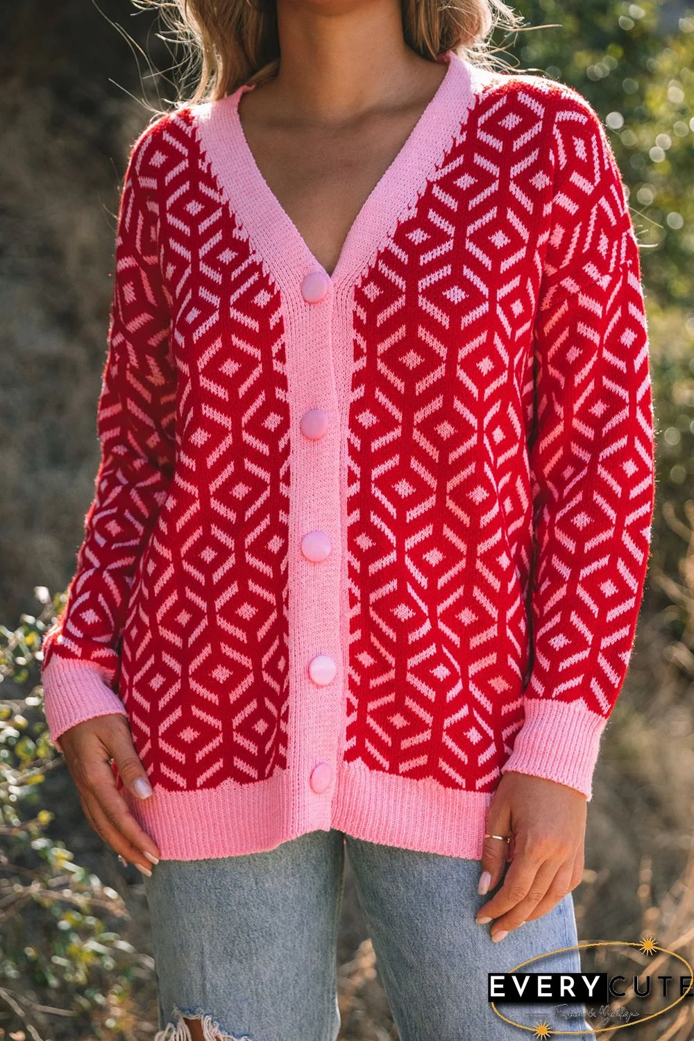 Rose Geometric Print Buttoned V Neck Cardigan