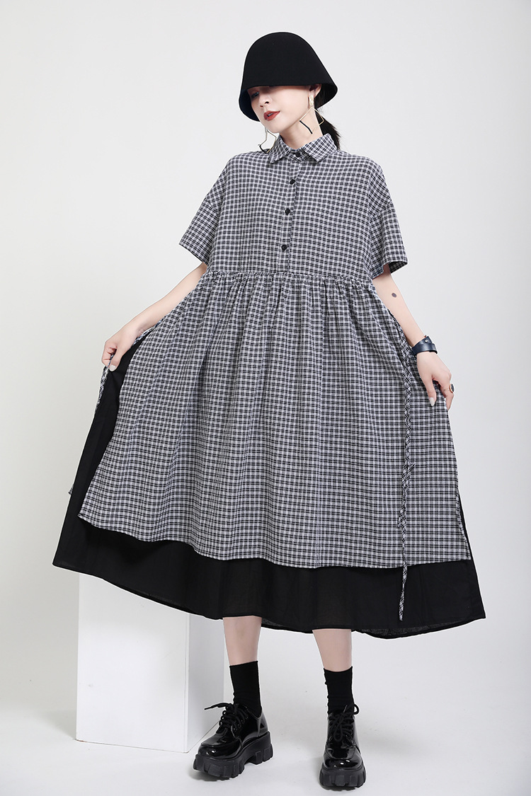 Original Splicing Plaid Fake Two-Piece Irregular Midi Dress