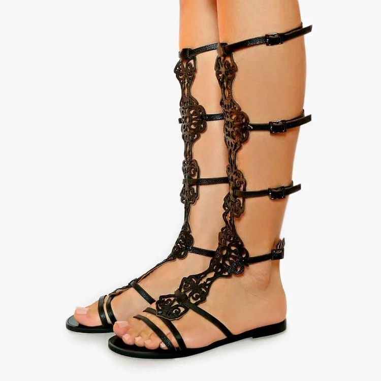 Black Hollow Out Gladiator Sandals Flat Calf Length Sandals |FSJ Shoes