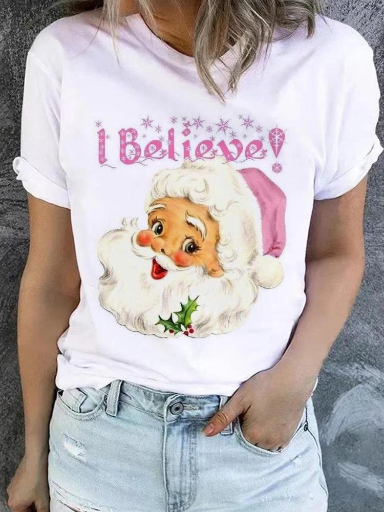 Women's Pink Santa Claus I Believe Letter Short Sleeve T-Shirt