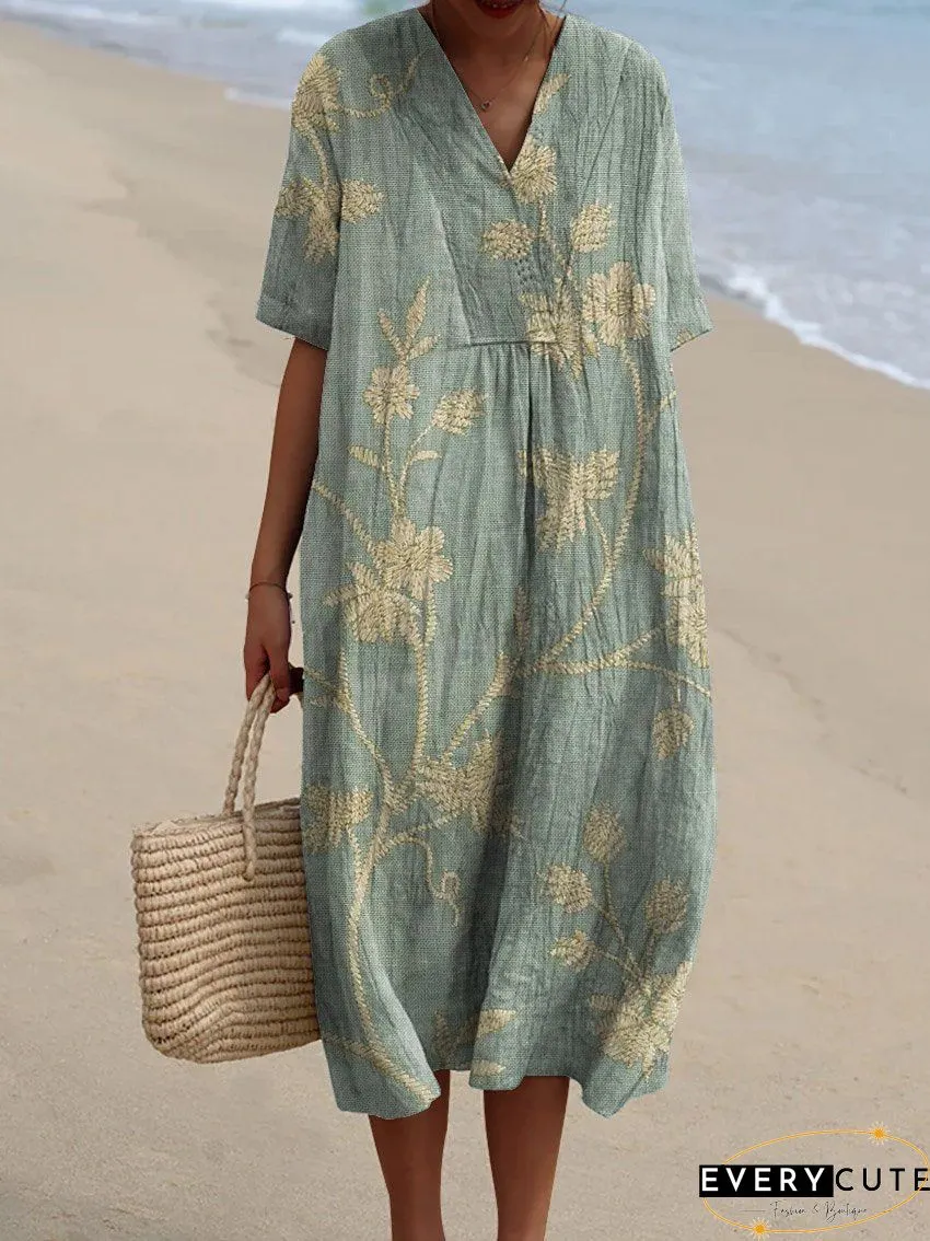 Plus Size Women Short Sleeve V Neck Vintage Plant Floral Casual Weaving Dress