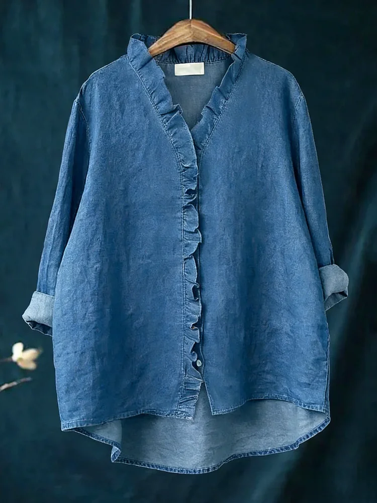 Women's Casual Denim V-Neck Ruffled Shirt socialshop