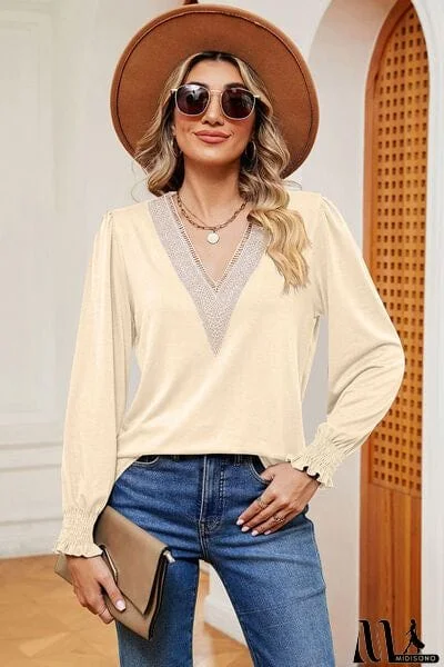 MidiSono - Lace Detail V-Neck Lantern Sleeve T-Shirt