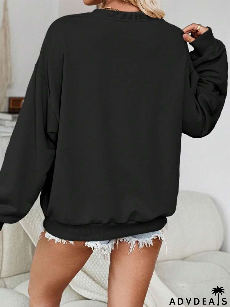 Casual Letter & Animal Pattern Crew Neck Loose Fit Thick Sweatshirt For Plus Size, Autumn/Winter