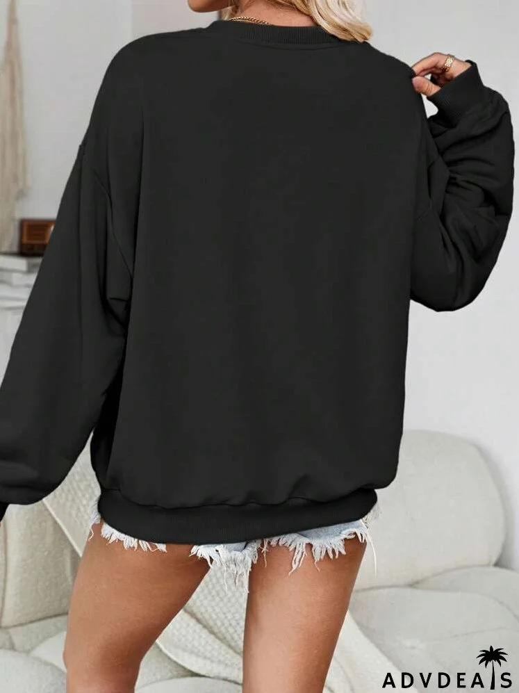 Casual Letter & Animal Pattern Crew Neck Loose Fit Thick Sweatshirt For Plus Size, Autumn/Winter