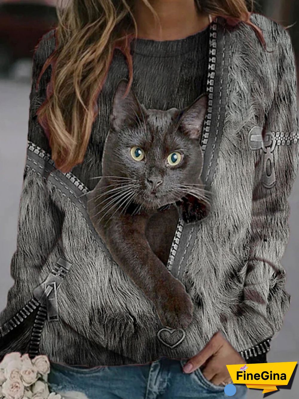 Women Casual Black-Grey Cat Printed Tops