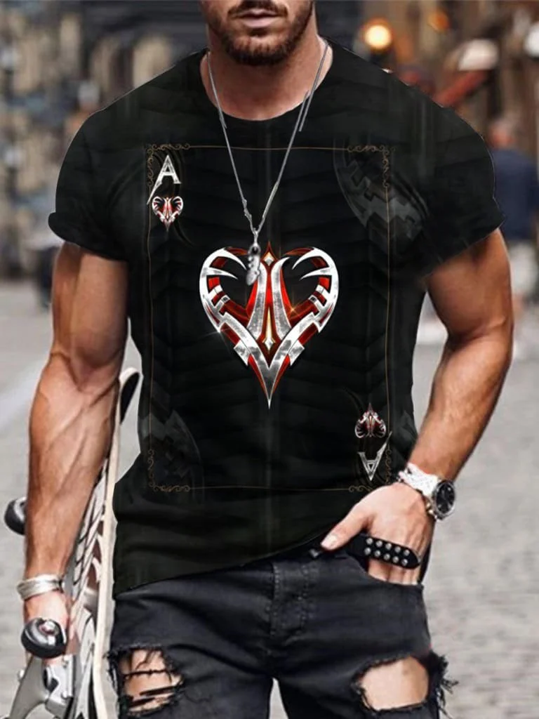 Men's creative playing cards printed short-sleeved round neck T-shirt
