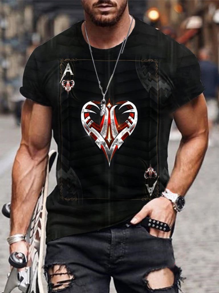 Men's creative playing cards printed short-sleeved round neck T-shirt