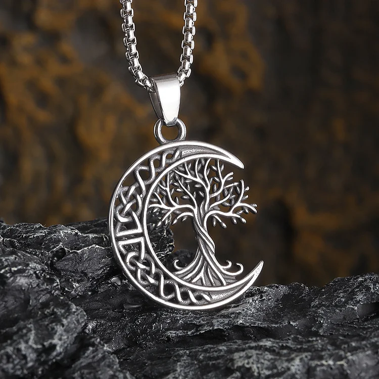 Vintage Viking Tree Of Life Celtic Moon Silver Necklace