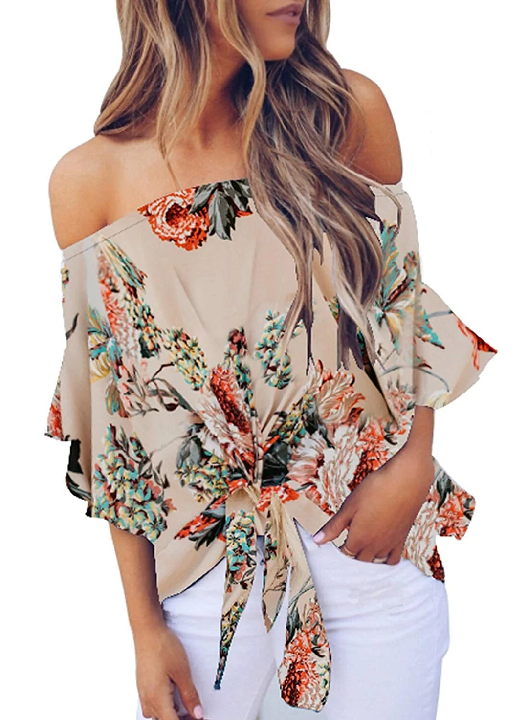 Womens Summer Off The Shoulder Tops 3/4 Bell Sleeves Sexy Floral Tie Knot T-Shirt Blouse