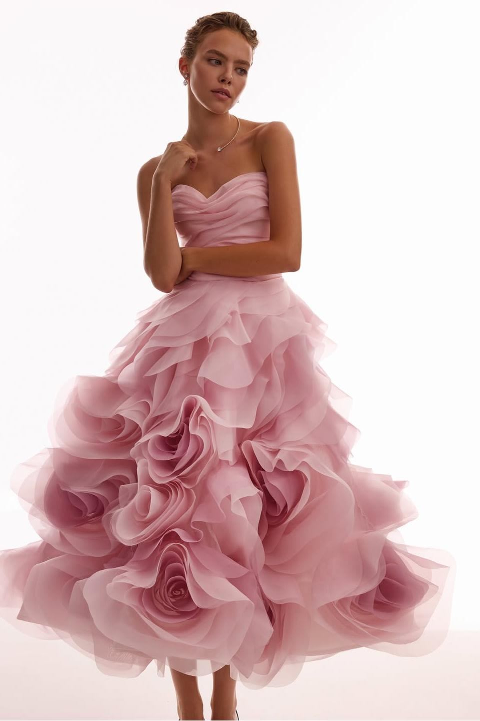 Oknass Chic Pink Strapless Sleeveless Long Pleated Prom Dress With Ruffles