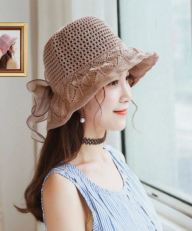 Style Coffee Hollow Out Bow Knit Floppy Sun Hat