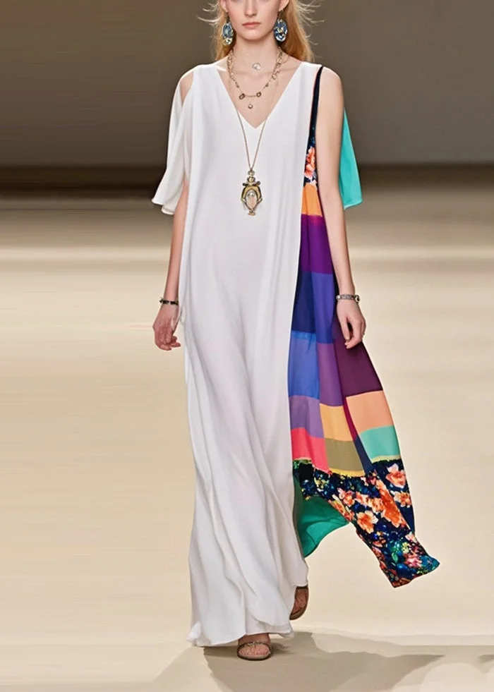 Fine White Asymmetrical Patchwork Cold Shoulder Chiffon Dress Summer