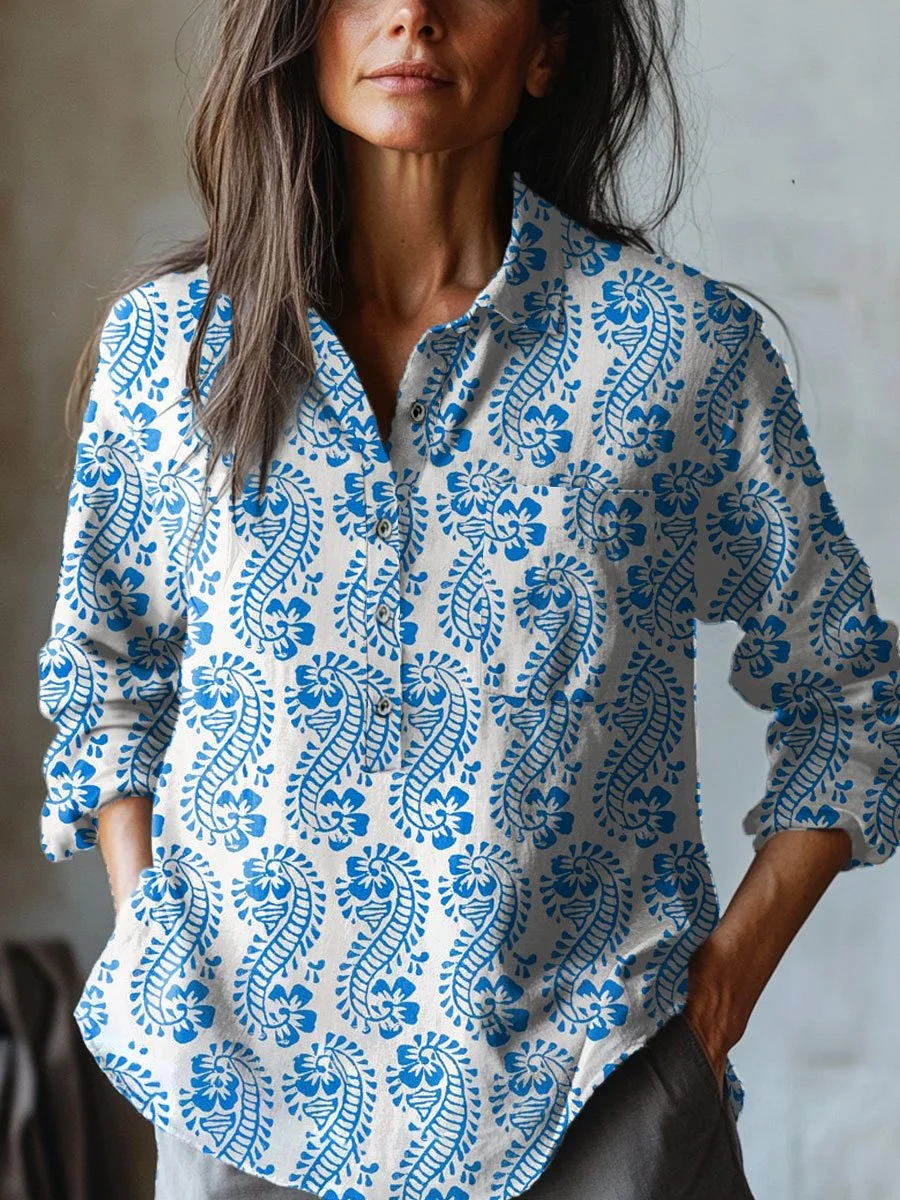 Women's Floral Art  Print Casual Cotton And Linen Shirt