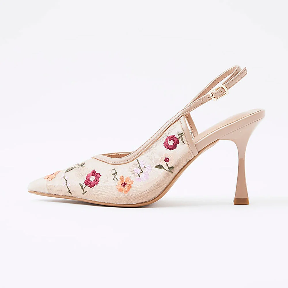 Chic Nude Mesh Pointed Toe Flower Embroidered Slingback Pumps