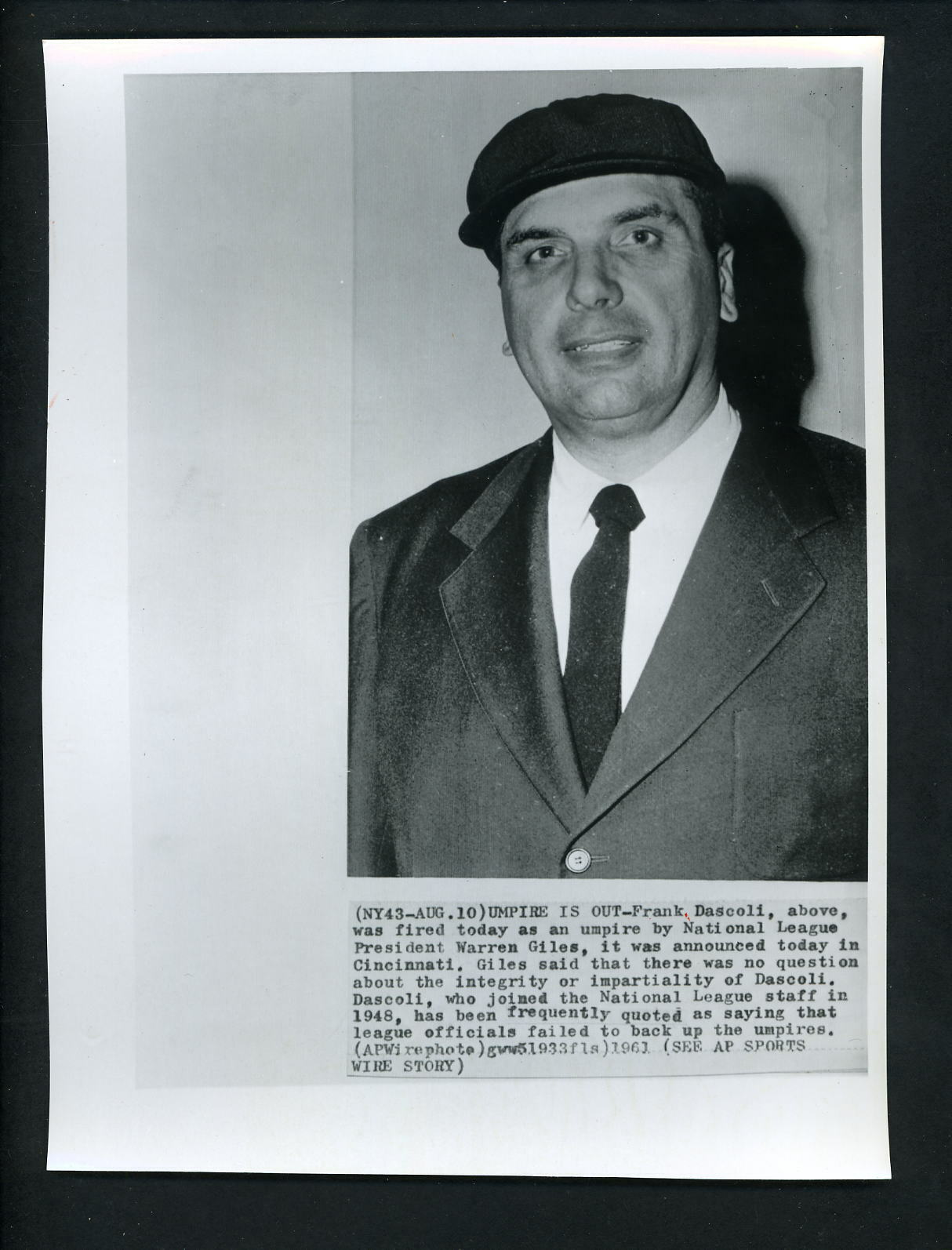 Umpire Frank Dascoli FIRED by NL President Warren Giles 1961 Press Photo Poster painting