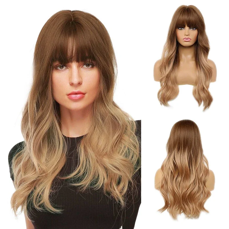 Fashion Ladies Chemical Fiber Wig Highlights Golden Brown Air Bangs Long Hair