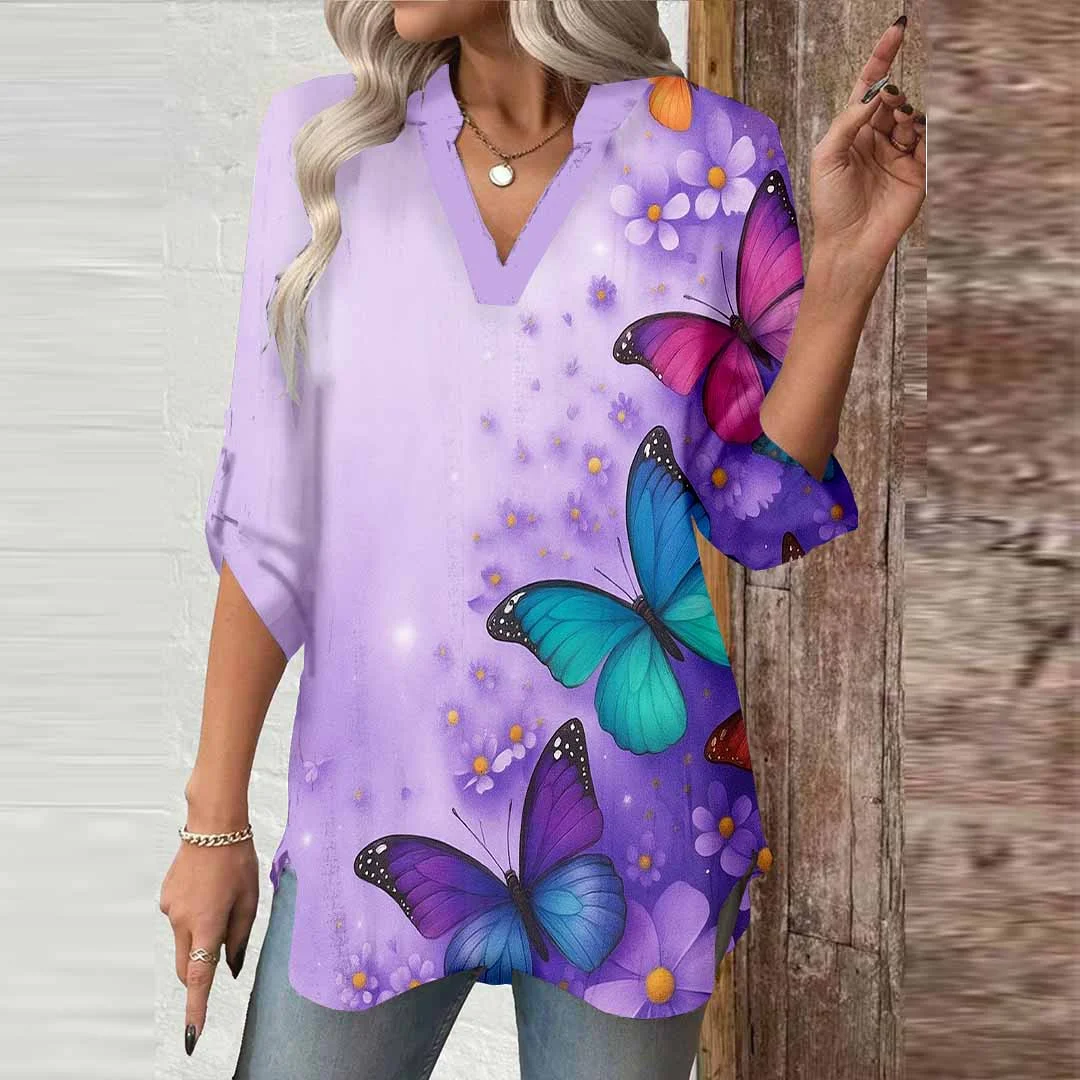 Women Butterfly,Purple DZGA0570 3/4 Sleeve V-neck Printed Graphic Button Tops