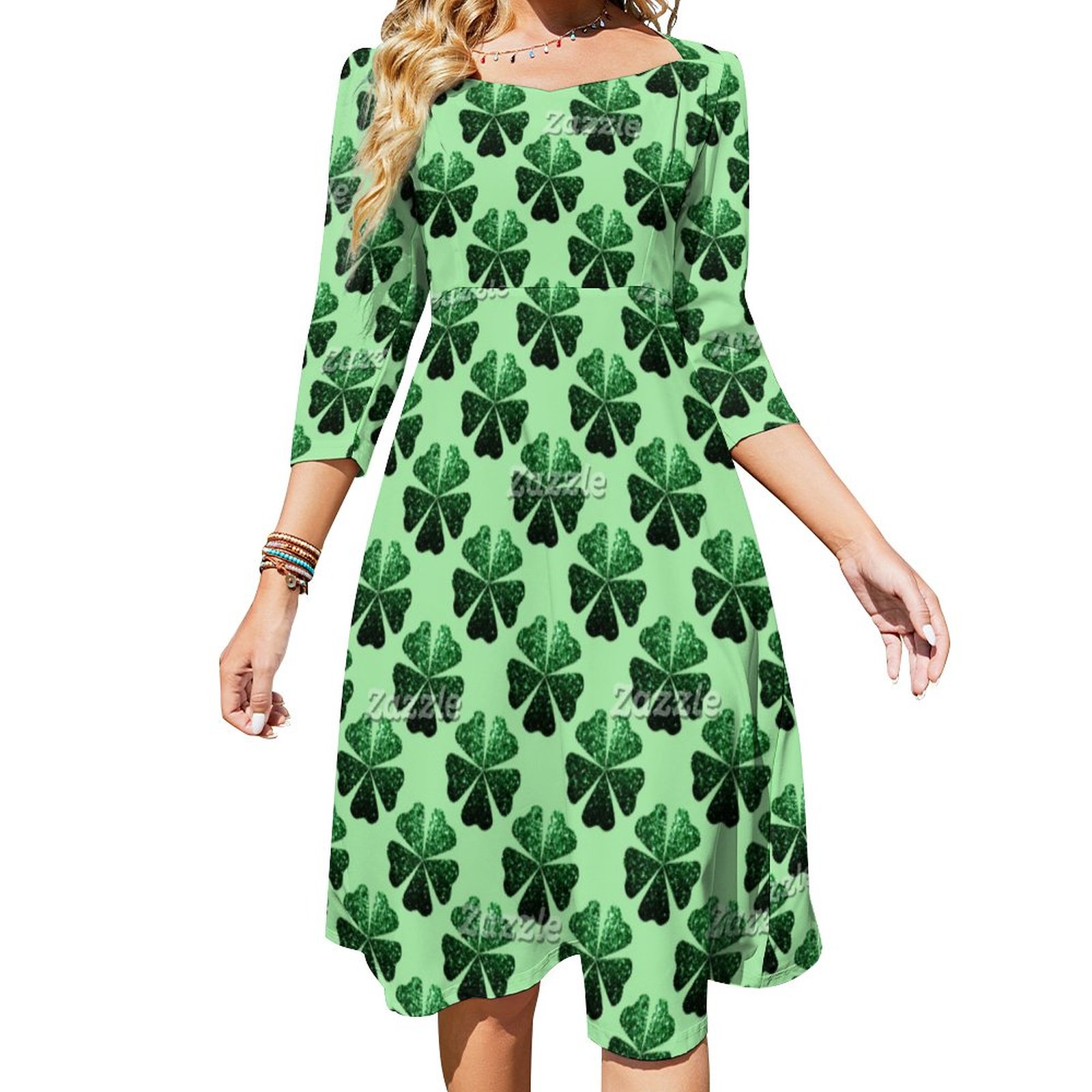Dark Green Glitter Sparkle Shamrock Clover Pattern Dress Sweetheart Tie Back Flared 3/4 Sleeve Midi Dresses