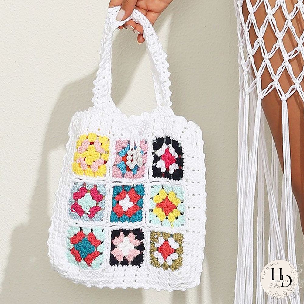 Multi Colors Hand Woven Knit Summer Sunflower Daisy Flowers Tote Bag