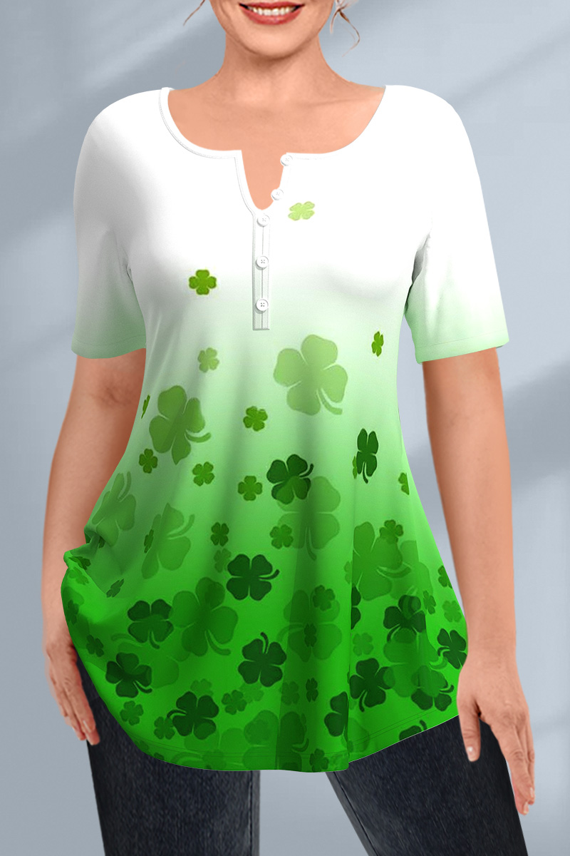 Flycurvy Plus Size Casual Green Four Leaf Clover Print Ombre Decorative Button Blouse 2024 - Flycurvy 