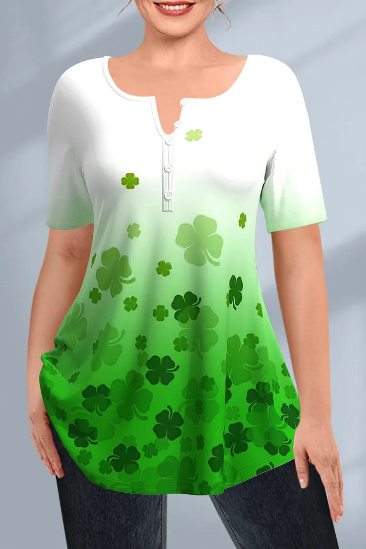 Flycurvy Plus Size Casual Green Four Leaf Clover Print Ombre Decorative Button Blouse  Flycurvy [product_label]