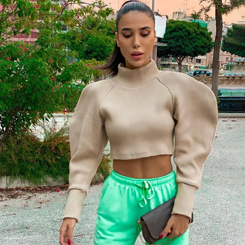 Dulzura Ribbed Women Puff Long Sleeve T Shirt Turtleneck Crop Top Elegant Streetwear 2020 Autumn Winter Club Solid