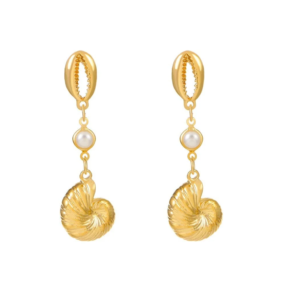 Pearl Charm Metallic Conch Shell Earrings