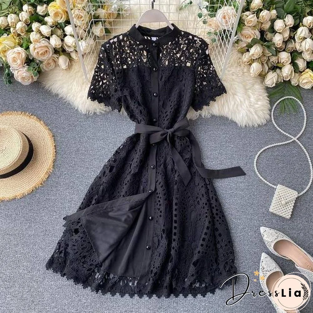 Summer Lace Dress Women New Vintage Sexy Hollow Out  Balck Mujer Casual Short Sleeve Beach Red Dresses Party Vestidos