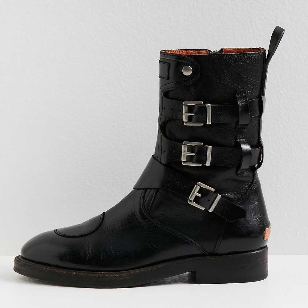 Black Distressed Round Toe Buckle Strap Mid Calf Biker Flat Boots Nicepairs