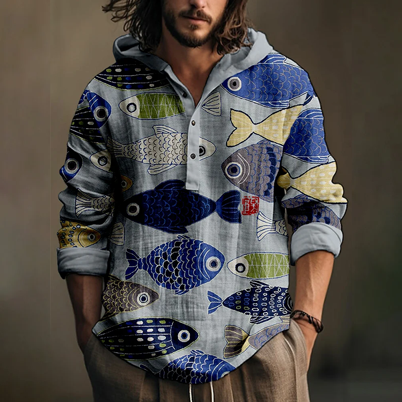 Men's Fish Art Hooded Shirt-inspireuse