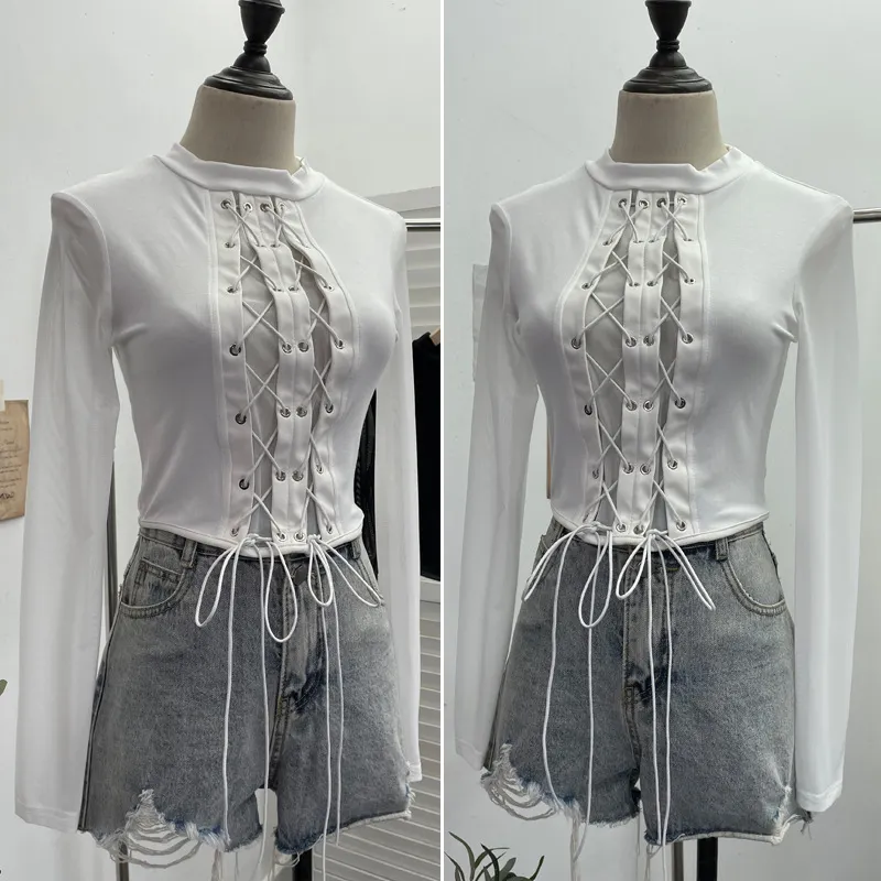 Churchf Real Shoot Spice Girls Strap Spliced Pu Skin Repair Slim Semi-High Collar Long Sleeve Top Short T-Shirt 8886