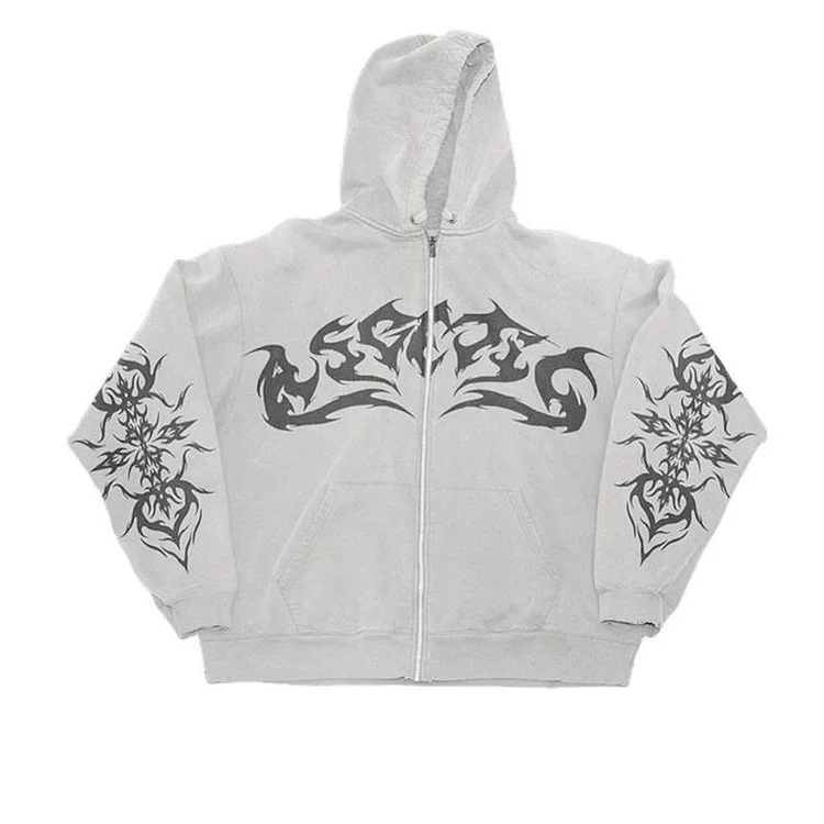 Street Retro Flame Print Oversized Sweatshirt Y2K Gothic Punk Loose Zipper Hoodie at Hiphopee